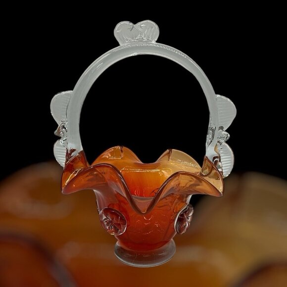 Vintage Hungarian Art Glass Burnt Orange And Clear 10 Inch Basket Collectible - Picture 4 of 16